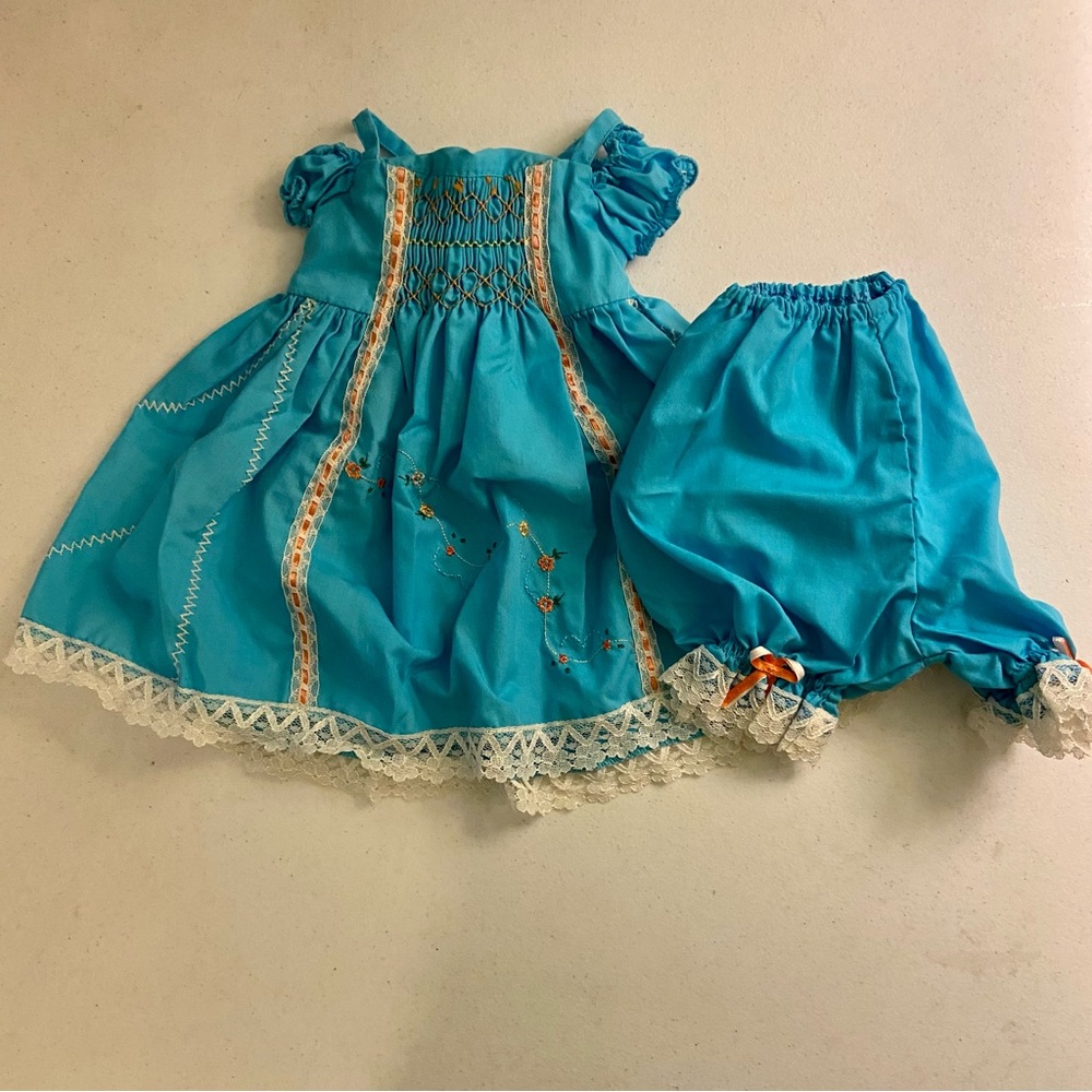 Taty Baby Classic Newborn Outfit Dress And Pants Blue & Orange Made in Colombia